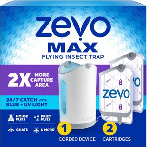 Zevo MAX Bug Catcher & Fly Trap for Indoors - Flying Insect Trap for Gnats, House & Fruit Flies - Use in Any Room - No-Mess Disposal (1 Plug in Base & 2 Cartridges)