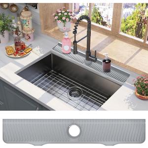 32 Inch Sink Splash Guard, Kitchen Sink Drying Mat, Countertop Faucet Drip Catcher Tray, Sponge Holder (Gray)