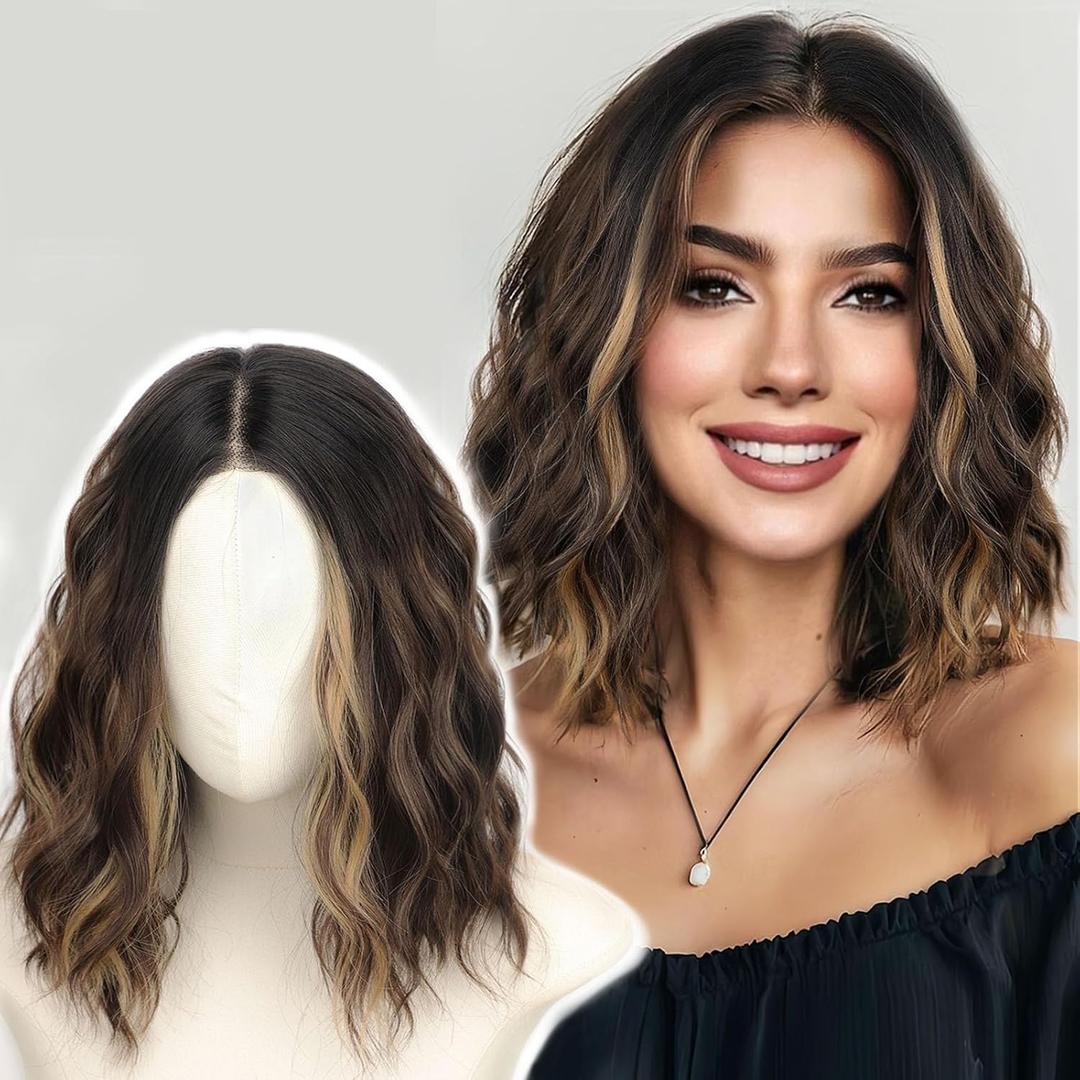 AISI HAIR 14 Inch Brown Mix Blonde Wigs for Women - Shoulder Length Wave Wig with Pre-Cut Lace Hairline, Middle Part Natural Wavy Bob Synthetic Heat Resistant Fiber for Daily and Party