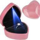 Heart Ring Box with LED Light, Luxury LED Lighted Engagement Ring Box, Velvet Earrings Jewelry Case with Light, Jewelry Display Box for Wedding, Engagement, Proposal, Birthday and Anniversary, Pink