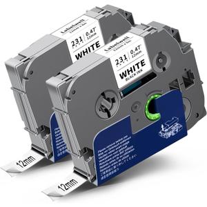 TZe-2312PK Tape 12mm 0.47" Label Maker Tape Laminated Black on White 1/2 Inch Replacement for TZe-231 TZe231 TZ-231 Label Tape Refills for PT-H110 D210 D220 D400 D600 PT-H103W, 2-Pack