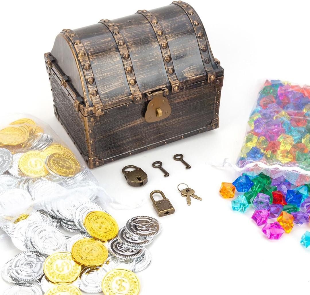 Treasure Chest for Kids Prizes,Plastic Treasure Chest with 320 Treasure Gold Coins and Gems/Jewels- Perfect for Pirate Themed Parties and Games