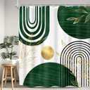 KOMLLEX Green Boho Shower Curtain for Bathroom Decor 72Wx72H Inches Abstract Retro Gold Mid Century Minimalist Modern Leaves Arch Geometric Fabric Waterproof Polyester 12 Pack Hooks Pack Hooks