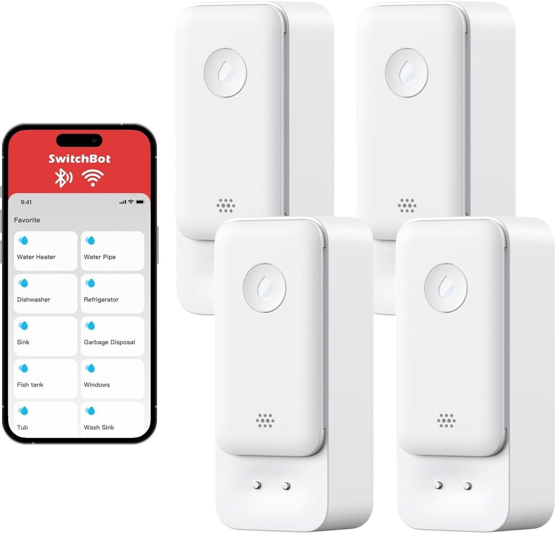 SwitchBot Smart Water Leak Detector, 100dB Adjustable Alerts & App Alerts, IP67 Waterproof, Water Sensor for Kitchen, Bathroom, Basement, No Hub Required (Support 2.4G) (White, Pack, 4)
