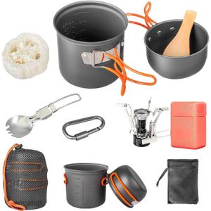 Camping Cookware Set, Portable Camping Mess Kit with Non-Stick Pots, Pans Set and Folding Fork, Lightweight Backpacking cookware Cooking Set for Outdoor/Camping/Hiking/Picnic (9pcs, Orange)