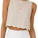 IDEALSANXUN Womens High Neck Linen Tank Tops Spring Summer Scallop Hem Cropped Sleeveless Shirts Blouses (Small, Beige)