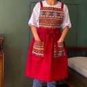 Kitchen Apron with Pockets, Womens Pinafore Dress, Floral Apron for Cooking Gardening, Gift for Mom, Wife, Girlfriend (Red)