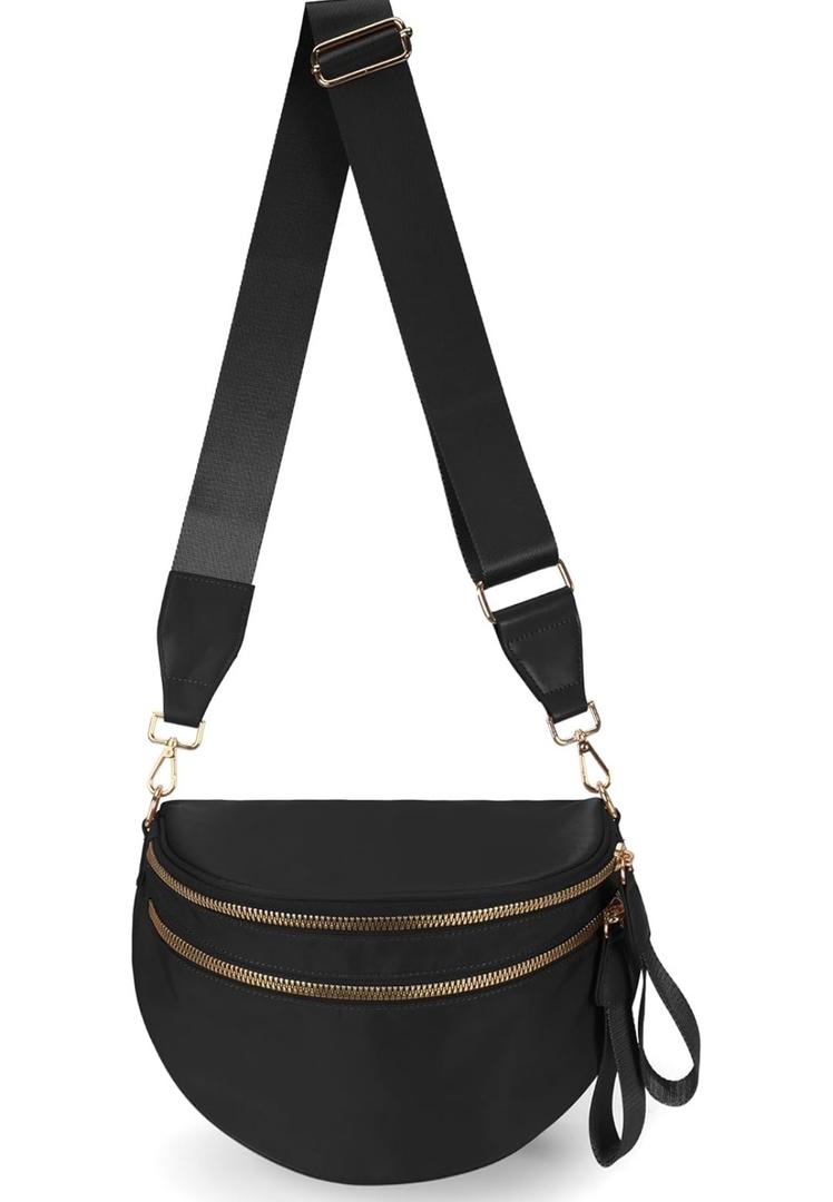 Spacious Nylon Crossbody Bag Bum Bag Handbags Wallets Purses Trendy Shoulder Bag for Women, Black 