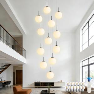 KoKo&Yukina 12-Light Black Mid Century Modern Chandelier for Living Room Staircase Chandelier for Entryway Globe Milky White Glass Pendant Light High Ceiling Chandeliers Foyer (Bulb & Remote Incl.)