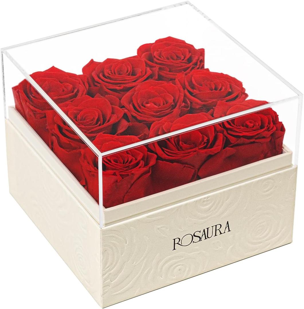 Rosaura Square Preserved Roses Gift Box - Real Forever Flowers in Clear Acrylic Lid, Valentine's for Women (Red, 9 Roses)