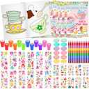 Cinrobiye 72 PCS Tea Coloring Books Party Favors Set Floral Tea Party Favors Goodie Bag Fillers Teapot Cup Birthday Party Supplies DIY Scene Stickers Tattoos Prizes Art Crafts for Home and Events