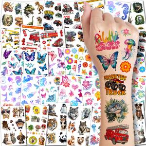 Temporary Tattoos for Kids - 320 Mixed Styles (36 Sheets) Tattoo Stickers Set for Boys and Girls, Car Dinosaur Hawaii Mermaid Watercolor Animals Tattoos for Kids Birthday Party Supplies