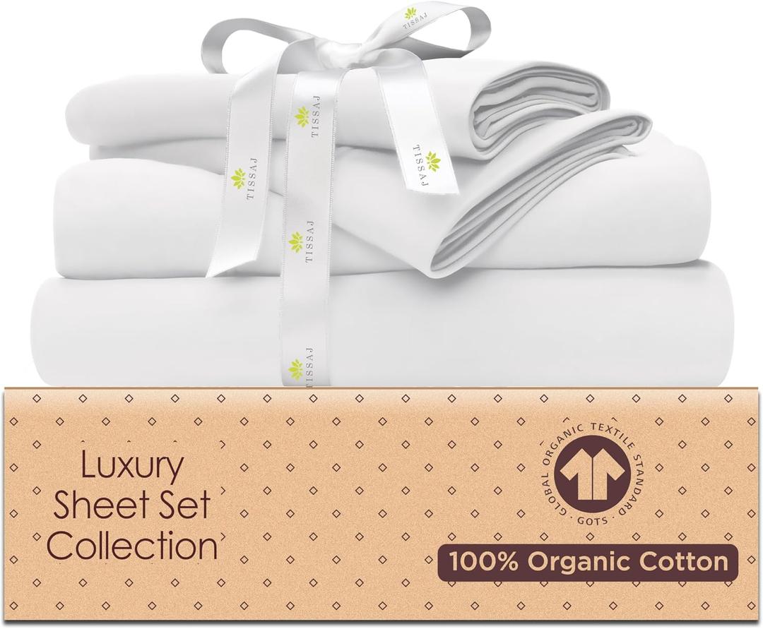 Tissaj Organic Cotton Sheets Twin Size  Ultra White  GOTS Certified  Durable Luxury Quality  Extra Deep Pockets & Secure Fit  Premium Bedding  Sateen Weave  with Carry Pouch  Set of 3