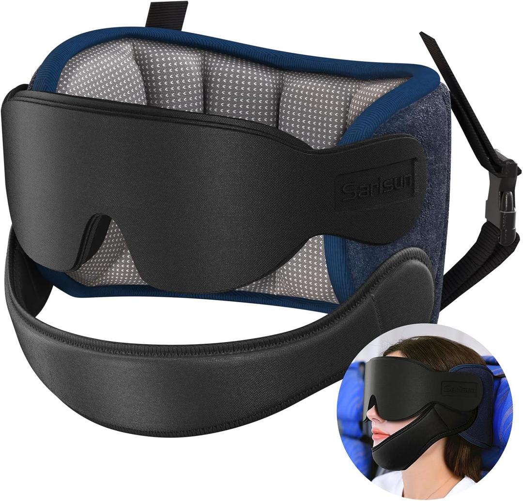 SARISUN Travel Pillows for Airplanes with Sleep Eye Mask, Chin Strap, Airplane Pillow for Long Flights, Car Road Trip, 360 Support Headrest, Stop Bobblehead, Mottled Grey