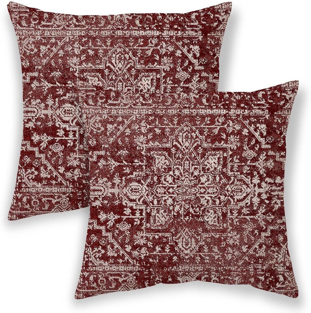 Boho Pillow Covers 18x18, Wine Red Burgundy Cream Ethnic Design Outdoor Decorative Throw Pillows for Couch, Carpet Pattern Decor Cushion Cover 2 Pcs Farmhouse Linen Pillowcase for Bed Car Safa