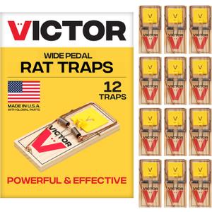 Victor M205 Wide Pedal Humane Snap Rat Traps Indoor for Home, Plastic Pedal, Sustainably Sourced FSC Wood - 12 Wooden Traps