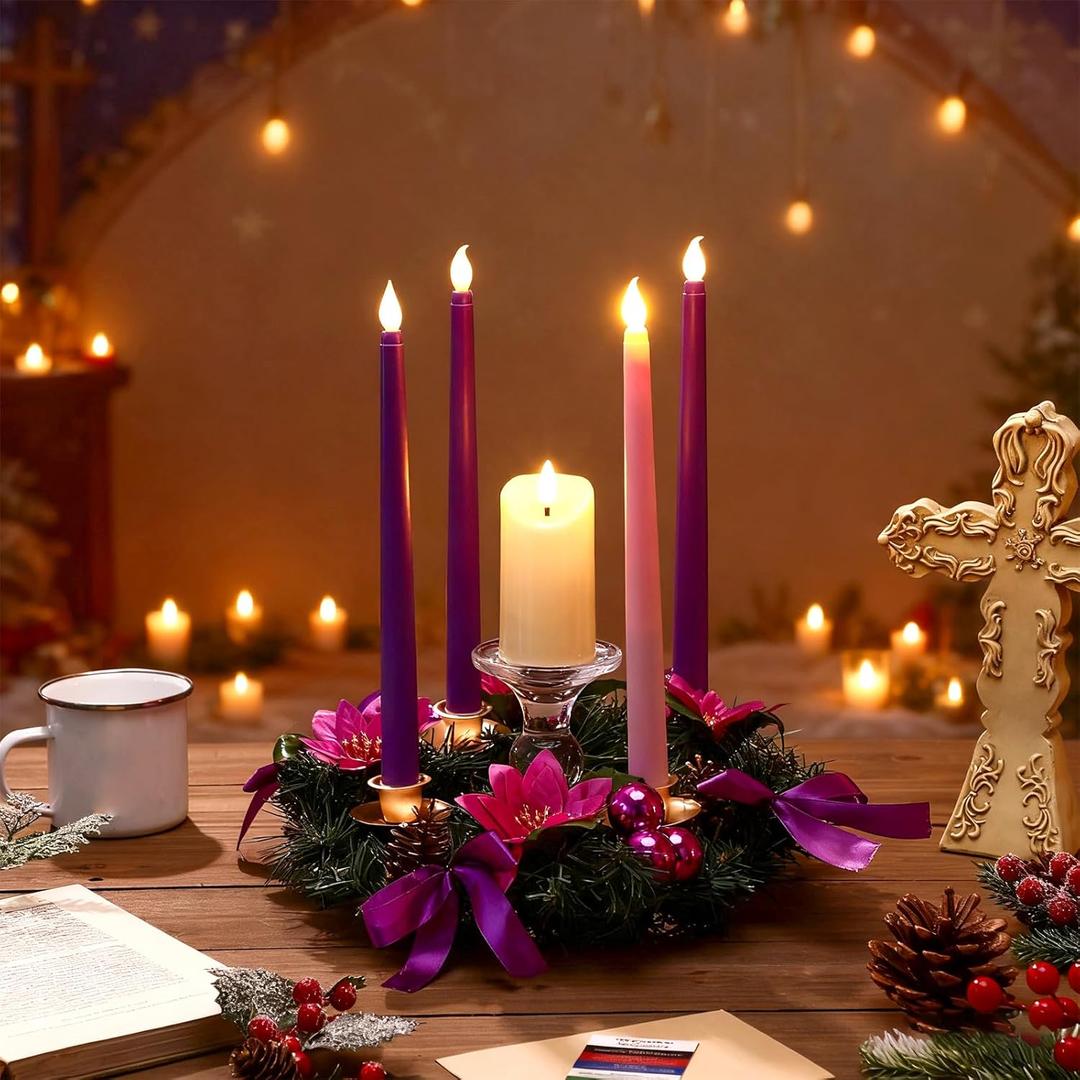 Suncalla 7 Pcs Christmas Advent Wreath with 5 Flameless Candle Set Christmas Advent Wreath Candle Holder with Pinecorn Ribbon Berry Poinsettia Centerpiece Table Decor (Purple,Stylish)