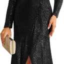 COOAN Women's Long Sequin Formal Dresses Long-Sleeve Cocktail Wedding Guest Dresses Elegant V Neck Party Gowns, M