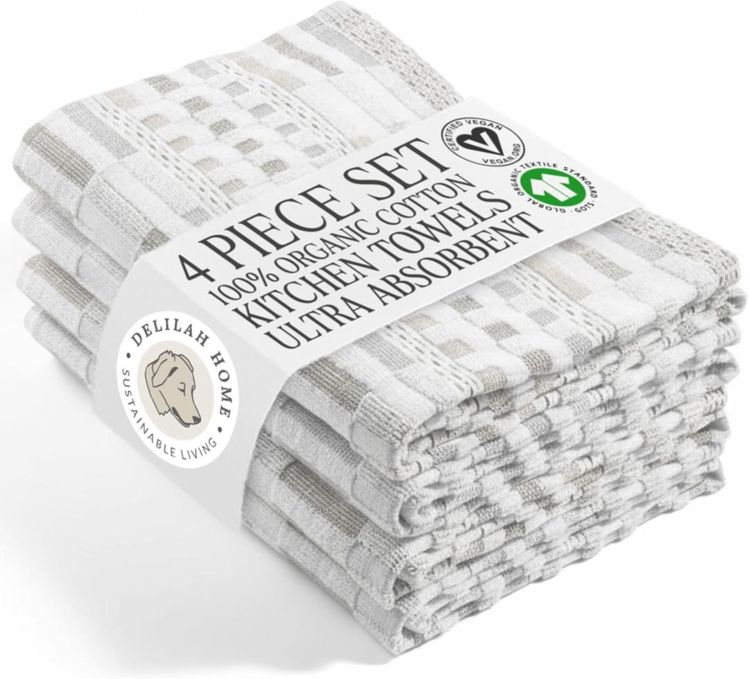 Delilah Home Sea Pines Kitchen Towels Super Soft and Comfy Kitchen Cloth Napkins Made from Organic Cotton Material for Drying, Wiping, or Cleaning White-Beige (Pack of 4)