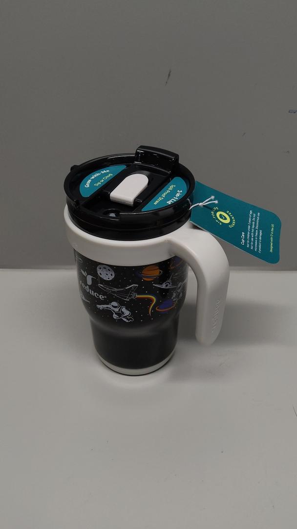 REDUCE 14 Oz Coldee Kids Tumbler with Lid and Straw - Coldee Insulated Travel Mug - Spill-Proof, Sweatproof Stainless Steel, BPA-Free - Includes Handle, Reusable Silicone Straw - Galaxy