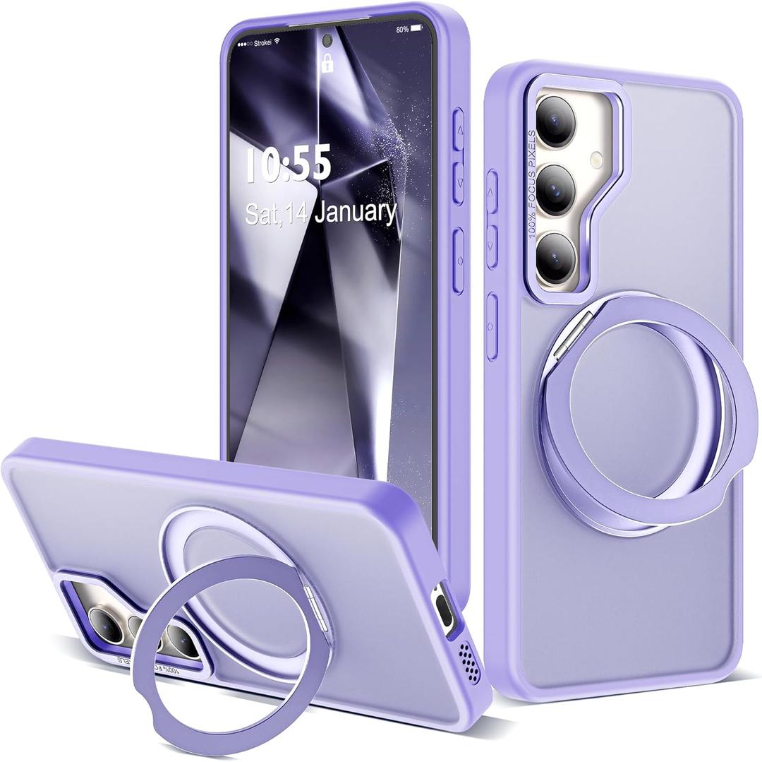 Compatible with Samsung Galaxy S24 Plus Case with 360Rotatable Magnetic Ring Stand Compatible with Mag-Safe Military Protection Matte Translucent Phone Case for Galaxy S24+,Purple