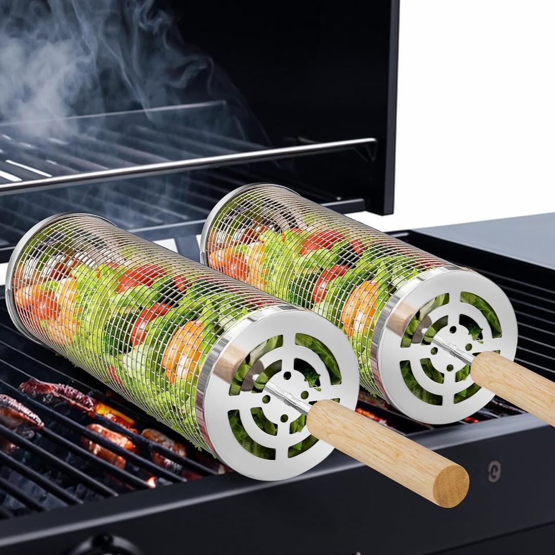 Cestas de parrilla anidables (2 unidades), acero inoxidable 304 con mango de madera extrable, red de parrilla rodante, accesorios para barbacoa, herramientas para verduras y camarones, campamento al