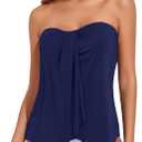 Tempt Me Two Piece Tankini Bathing Suits for Women Halter Bandeau Swim Top with Bottom Flyaway Tummy Control Swimsuit (Large, Navy Blue)