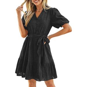 Simplee Womens 2026 Summer Mini Dress Eyelet V Neck Cotton Short Sleeve Hollow Out Belted Beach Vacation Sun Dresses M