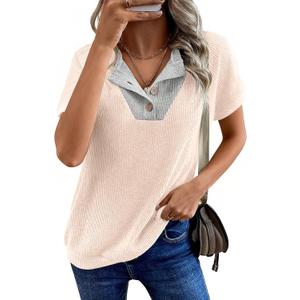 Womens Tops Summer Sweaters Short Sleeve Patchwork V Neck Henley Shirts 2026 Dressy Casual Business Tunic Blouses (Beige, L)