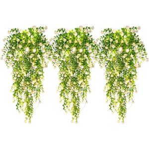 RECUTMS 3 Pcs Hanging Fake Plants Fake Vines Artificial Plants Large Faux Hanging Plant with 30 LED String Light, Artificial Greenery Wall Indoor Outdoor(White)