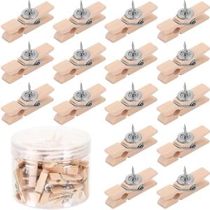 50Pcs Push Pin with Wooden Clips, SANNIX Push Pin Clips for Cork Board Decorative Pushpins Tacks Thumbtacks Bulletin Board Clips for Photo Note Calendar, School Office Home Supplies(Wooden Color)