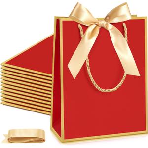 Silkfly Paper Gift Bags with Handle 9x7x3.15'' Thank You Gift Bags with Bow Ribbon for Graduation Appreciation Holiday Wedding Bridal Baby Shower Birthday Party(Dark Red, Gold,12 Pcs)