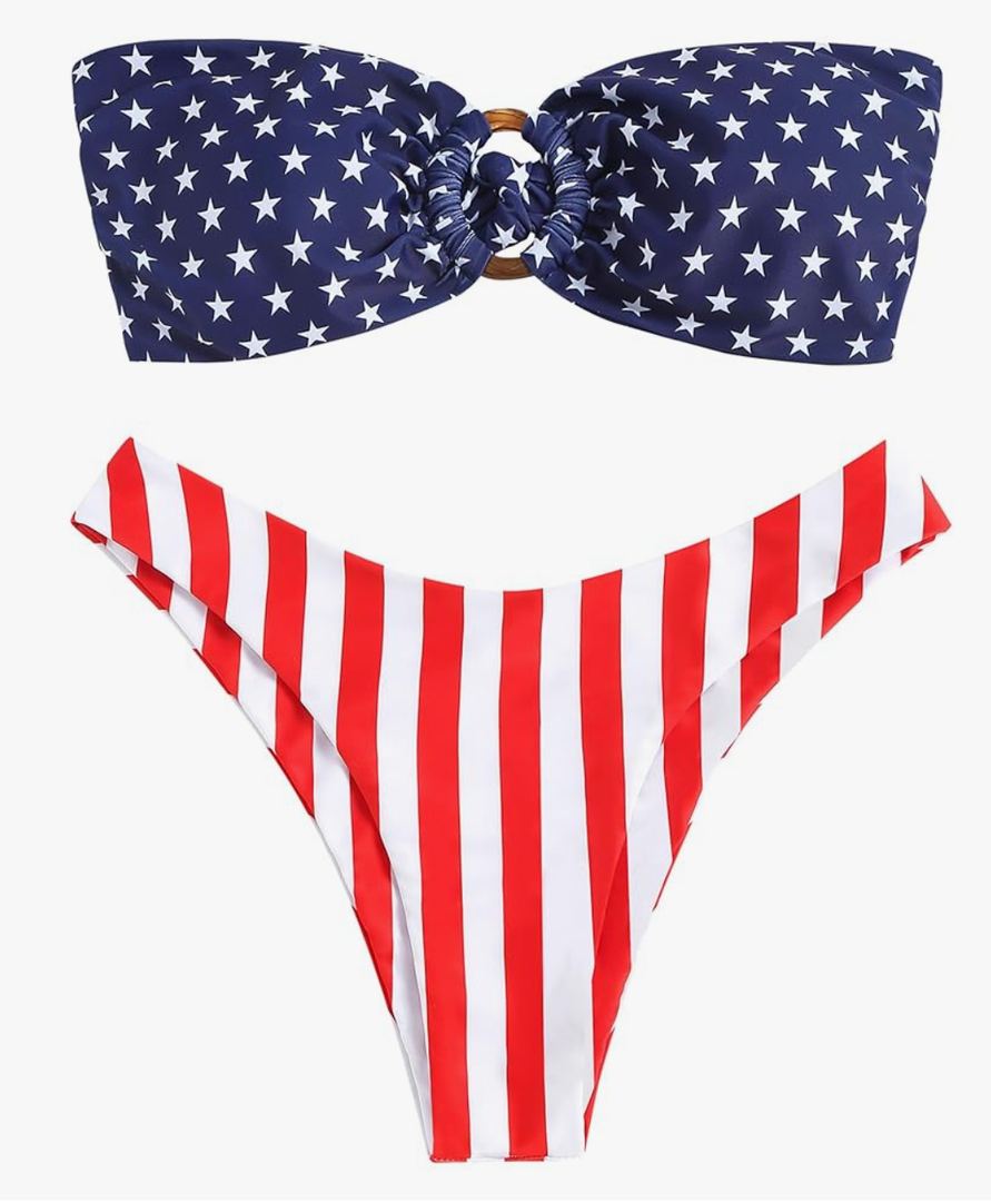 ZAFUL Women's Bandeau Bikini O Ring Strapless Tie Back High Cut Two Piece Swimsuit Bathing Suits, L