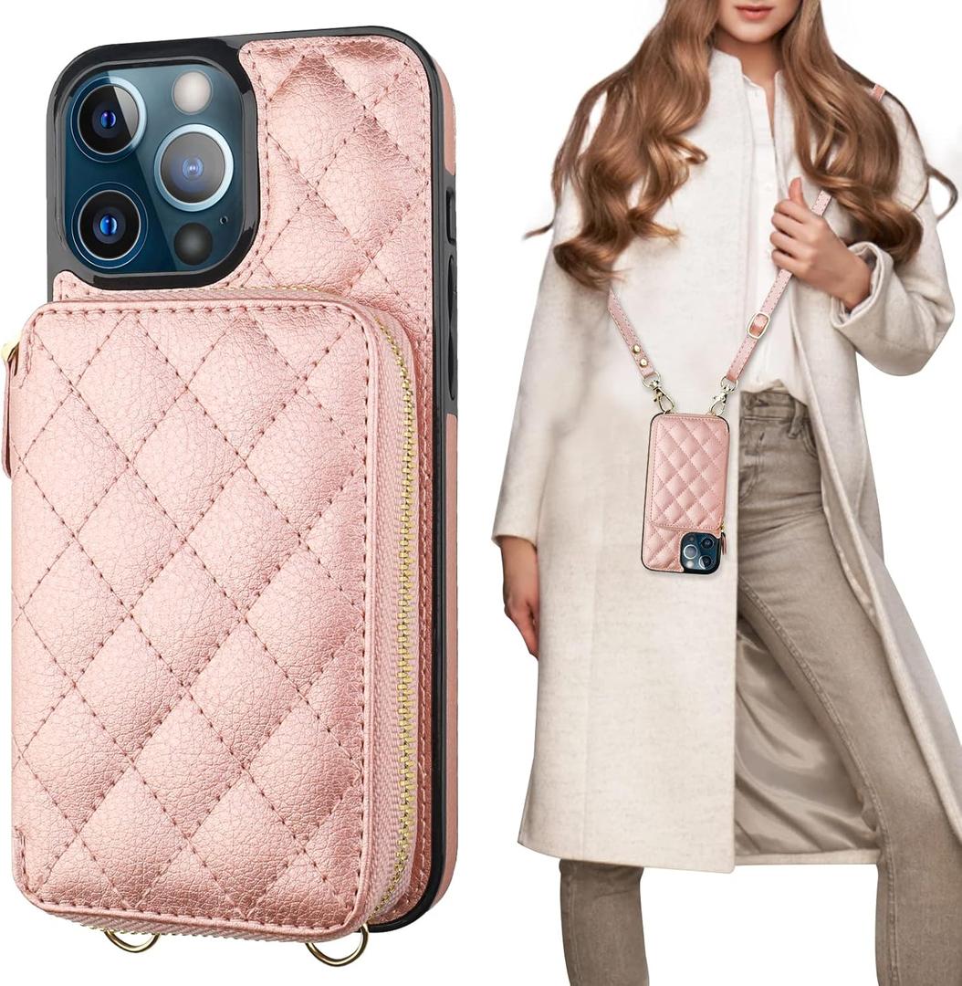 Bocasal Crossbody Wallet Case for iPhone 13 Pro Max, RFID Blocking PU Leather Zipper Handbag Purse Flip Cover, Kickstand Folio Case with Card Slots Holder Wrist Strap Lanyard 5G 6.7 Inch (Rose Gold)