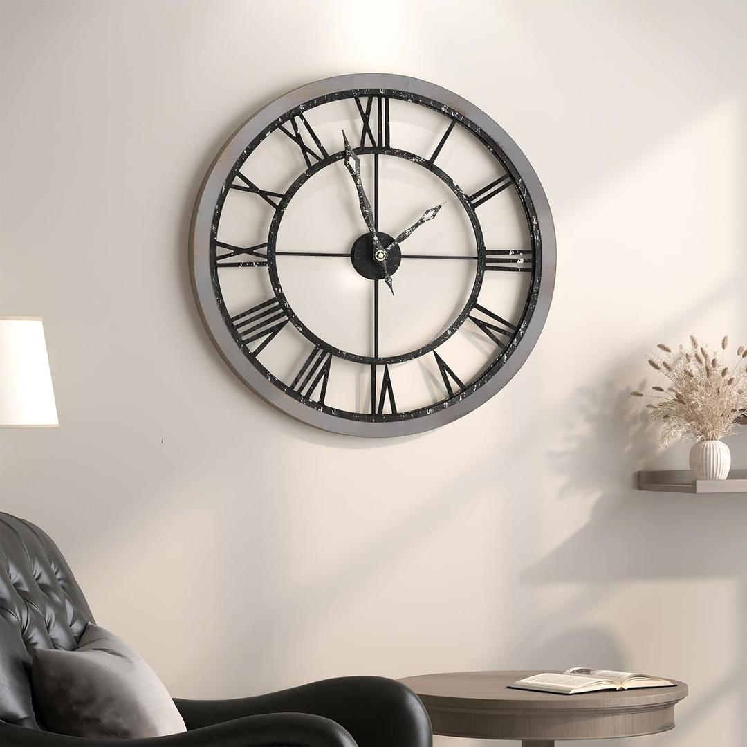 Cuspin Large Wall Clock for Living Room Decor, 24 Inch Round Farmhouse Wall Clocks Decorative Battery Operated with Solid Wood Frame, Non-Ticking Silent Rustic Wooden Clock Roman Numerals