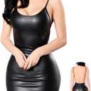 Women Latex Dress Sleeveless V-Neck Clubwear Party Backless Leather Lingerie (Large, Black)
