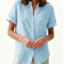Womens Button Down Shirts Oxford Short Sleeve Cotton Dress Shirts Collared Button Up Casual Blouses Tops with Pocket (Blue, L)