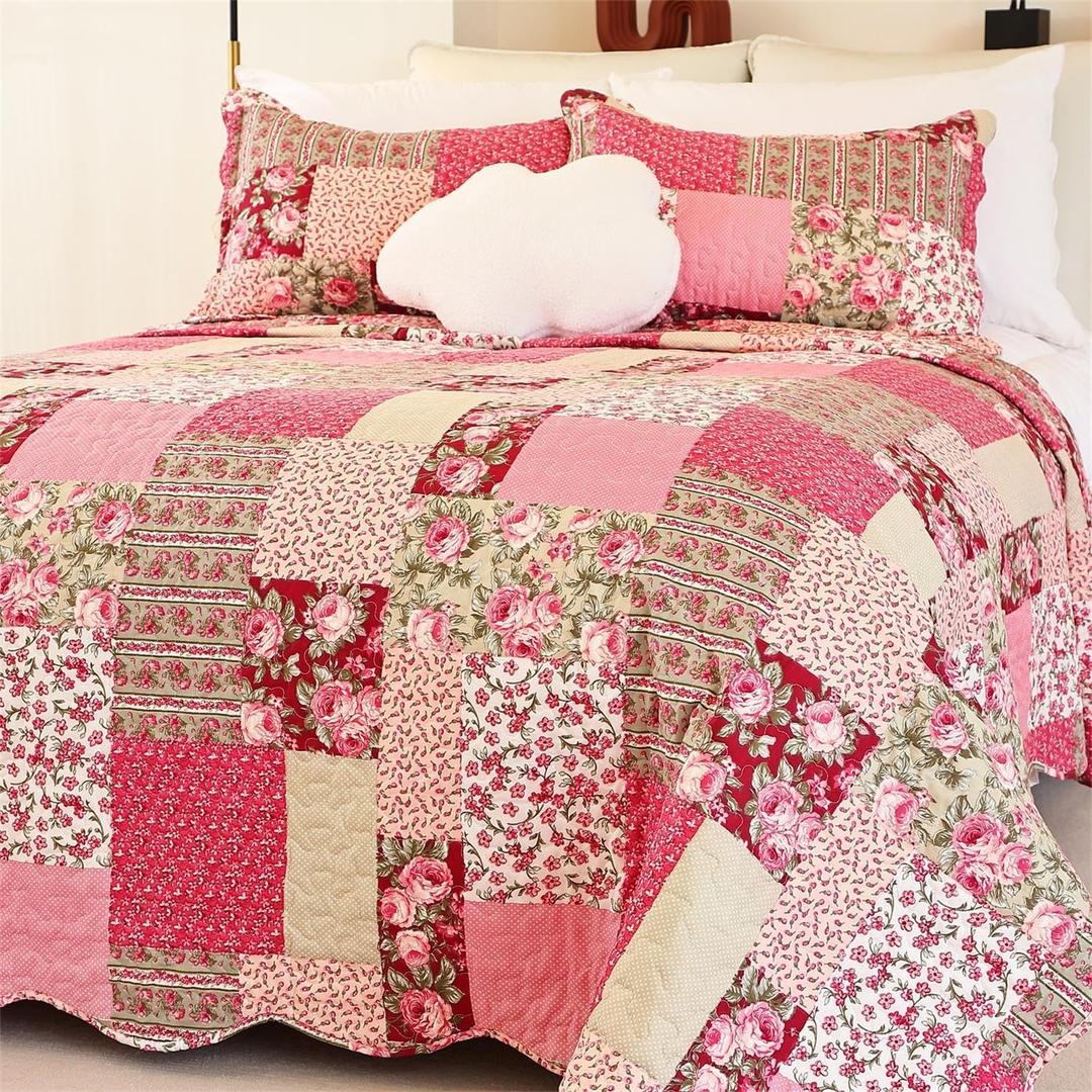 Cmfshape Summer Floral Oversize King Bedspread,Romantic Pink Quilt Set King,Reversible Stitched Bedding Set All Season,Soft Lightweight Coverlet with Pillow Cases (Hot Pink&Rose, Super King114 x102)