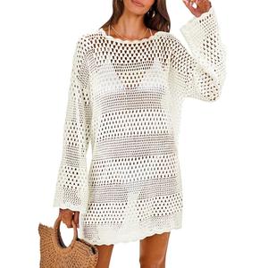 ANRABESS Women Swimsuit Crochet Swim Cover Up 2025 Summer Bathing Suit Swimwear Mesh Knit Beach Dress Vacation Outfits Cream White Medium