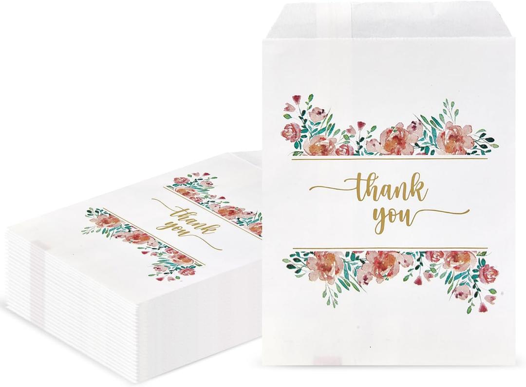DjinnGlory 150 PCS Mini Paper Treat Bags 5 x 7 Inches, Tiny Watercolor Floral & Thank You Flat Paper Treat Bags for Wedding Baby Shower Party Sweets Snacks Cookie Popcorn Candy Buffet