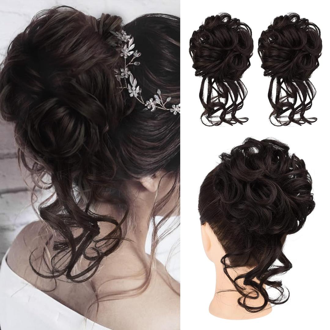 HOOJIH 2PCS Messy Bun Hair Piece, Tousled Updo with Tendrils Hair Bun Extensions Wavy Curly Hair Wrap Ponytail Hairpieces Hair Scrunchies for Women HB010 Dasiy - Dark Brown