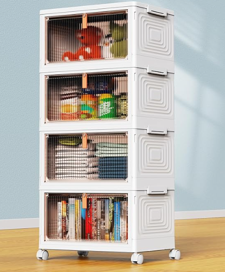 YFXCVSL 4 Tier Plastic Storage Bins with Lid 24QT, Stackable Storage Containers with Wheels, Folding Storage Boxes, Collapsible Storage Bins, Closet Organizers and Storage for Living Room,Office,Dorm