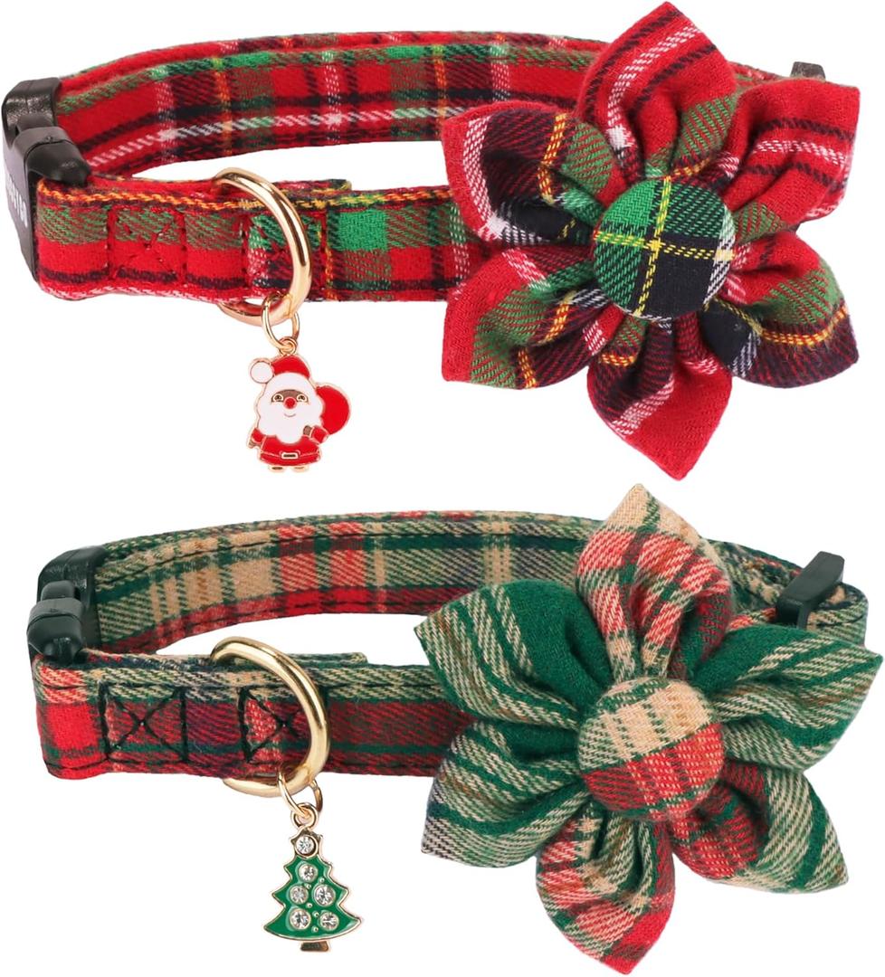 ADOGGYGO Christmas Dog Collar with Floral, Adjustable Xmas Pet Flower Collars, Red Green Plaid Dog Christmas Collars for Small Medium Large Dogs (Small)