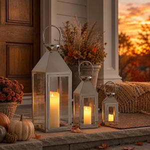 Elegant Candle Lantern Set- 3 Sizes (26", 19", 13" H) - Tempered Glass Panel Metal Candle Holders for Versatile Indoor & Outdoor Decorating - Perfect for Celebrations(Silver)