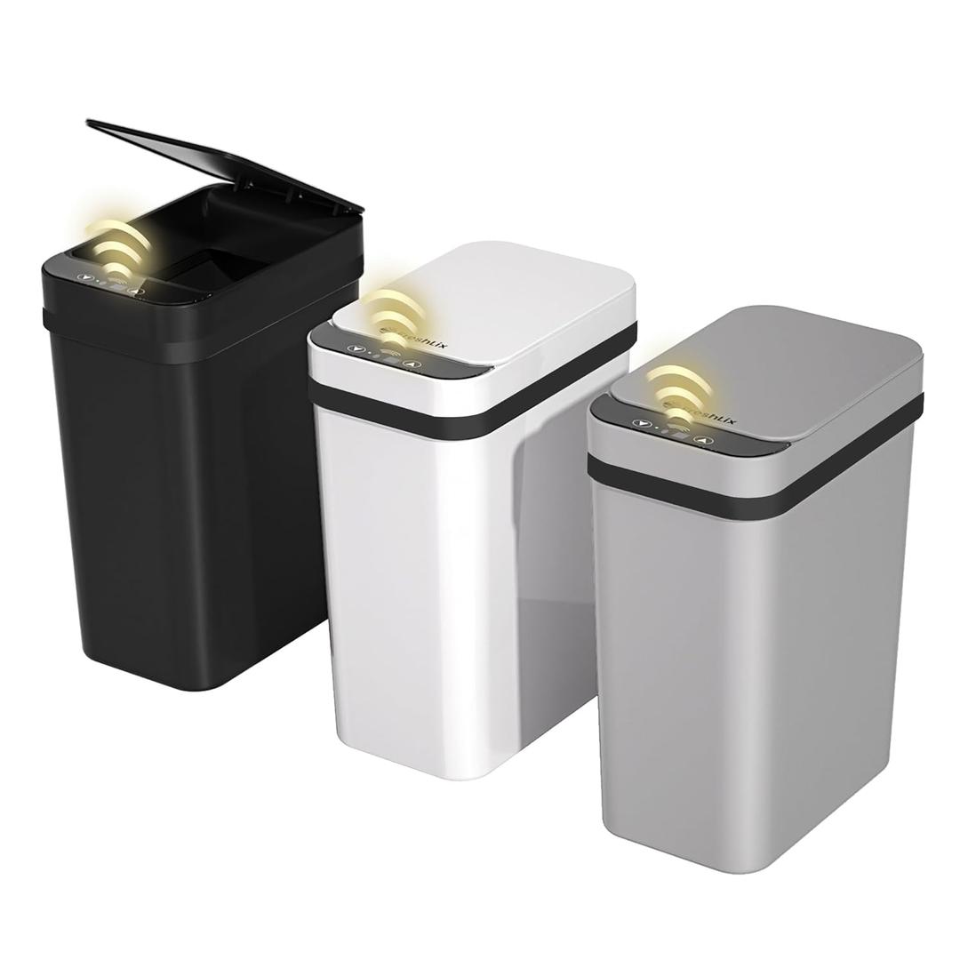 FRESHLIX 3 Pack Bathroom Trash Can 2.6 Gallon Small Touchless Automatic Motion Sensor Trash Cans Slim Waterproof Garbage Bin with Lid for Kitchen, Office, Bedroom Black White Grey