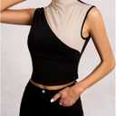 Women's Sleeveless Tank Tops Color Block Mock Neck Ruched Slim Fit Business Casual Tops (Black, L)