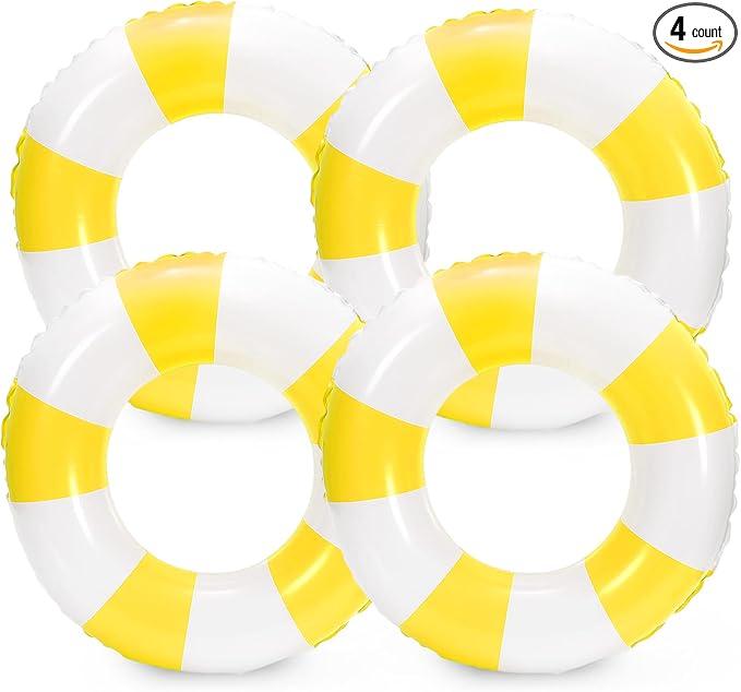 Whaline 4Pcs Inflatable Swimming Float Toy Striped Swim Ring Fun Print Pool Lounger Tube for Summer Swimming Beach Party (22.8 Inch, Yellow)