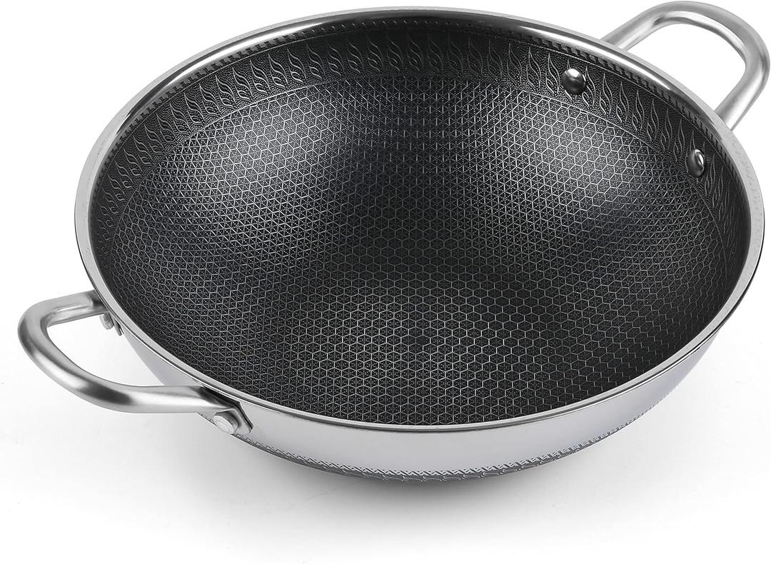 Hikaru 12.5 Wok Pan with Dual Honeycomb Wok Stainless Steel Wok Pan with Nonstick Coating, Frying Pans Cookware, Two Handles,Works with Induction ,Gas, Electric, Ceramic Furnace Stove, Without Lid