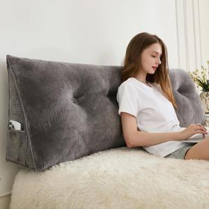 Zelladorra Headboard Pillow for Bed,Triangular Wedge Pillow Headboard Soft Support While Reading and Resting,Bed Bolster Cushion Headboard with Removable Cover,Grey, Queen (59"x8"x20")
