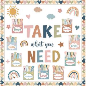 Boho Mental Health Bulletin Board Set Inspirational Take What You Need Classroom Decor Positive Pocket Bulletin Board Boho Motivational Quotes Affirmation Cutouts for Back to School Home Wall Decor